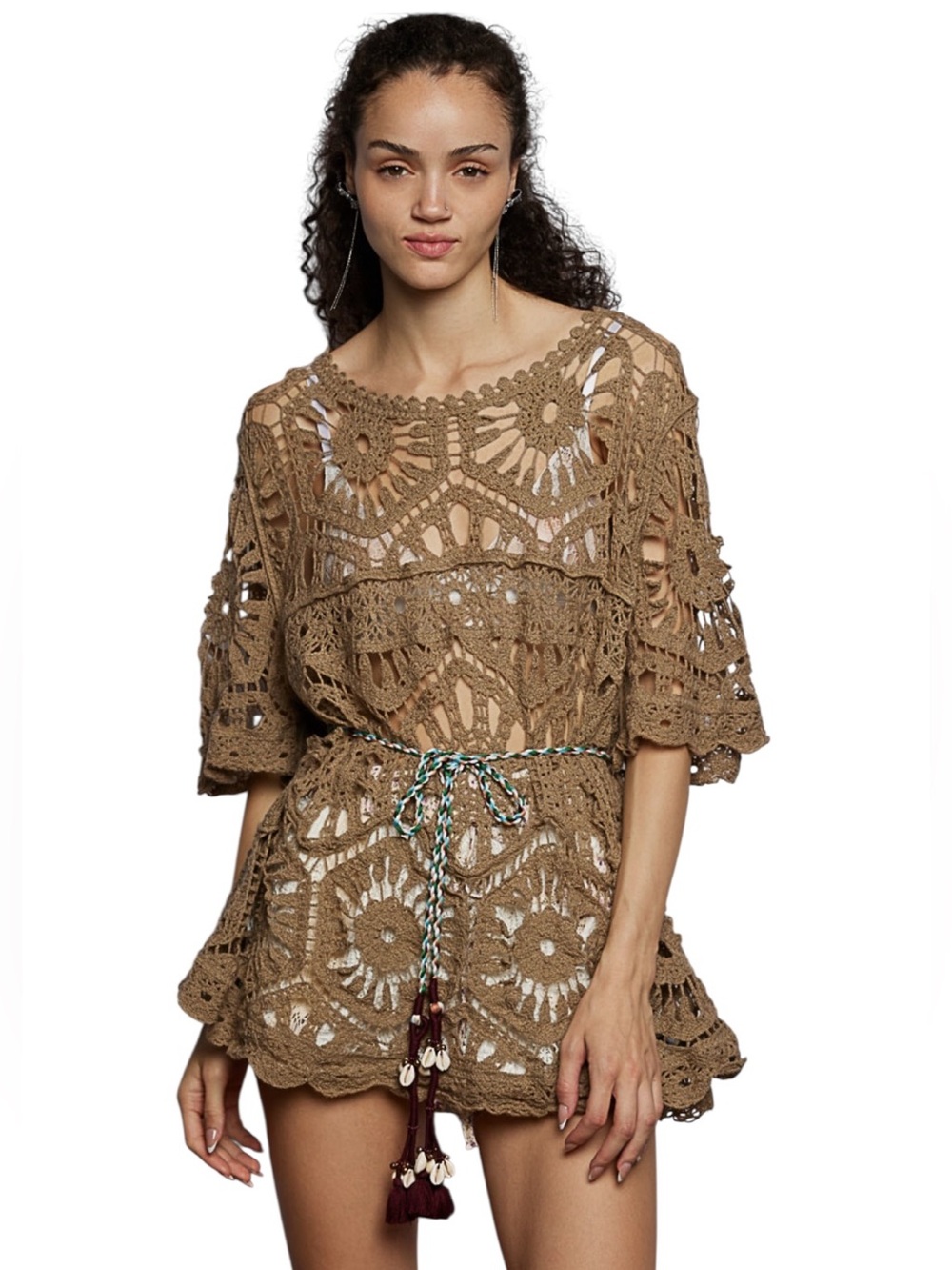 POL Olive Brown Crochet open knit short sleeve Top